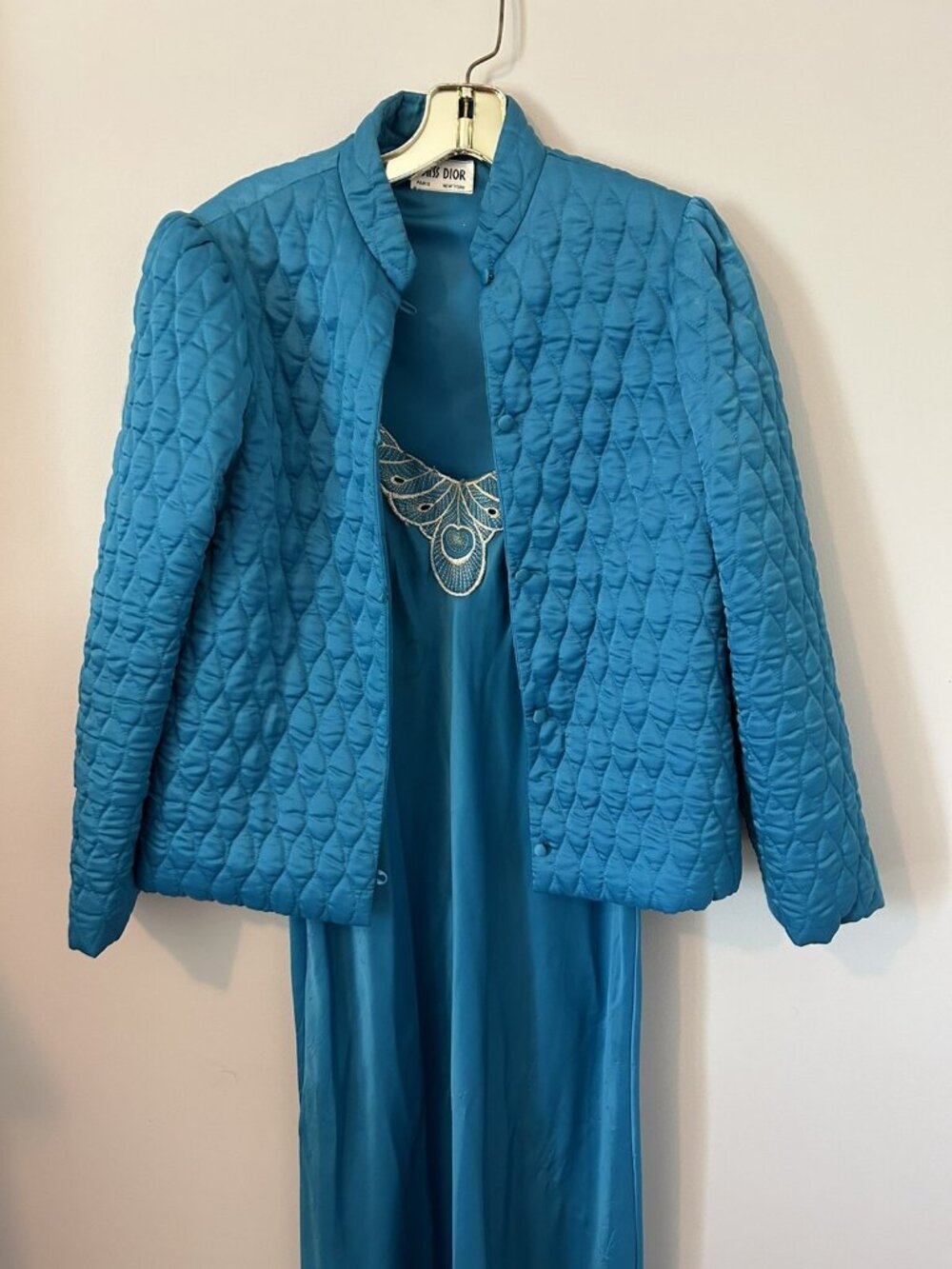 MISS DIOR Nightgown Set Blue Green Jacket Sz. M Pajamas Medium Set Dress Vintage - Picture 3 of 16